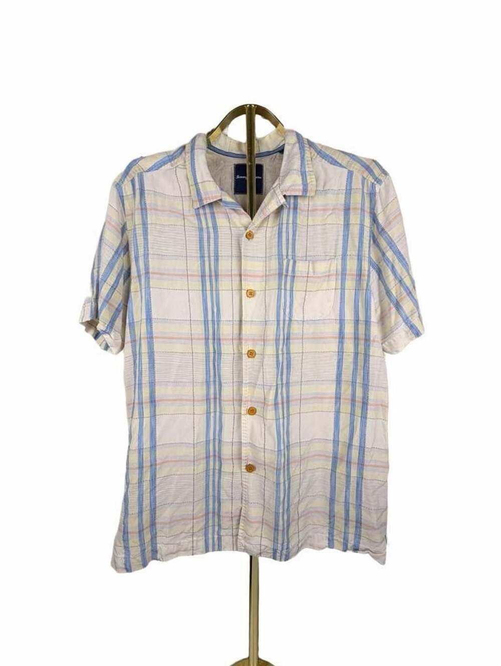 Tommy Bahama mens medium Short Sleeve Plaid Button Up Shirt With Marlin Logo